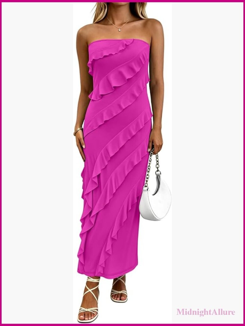 Strapless Midi Bodycon Dress Ruffle Ruched Stretchy Mesh